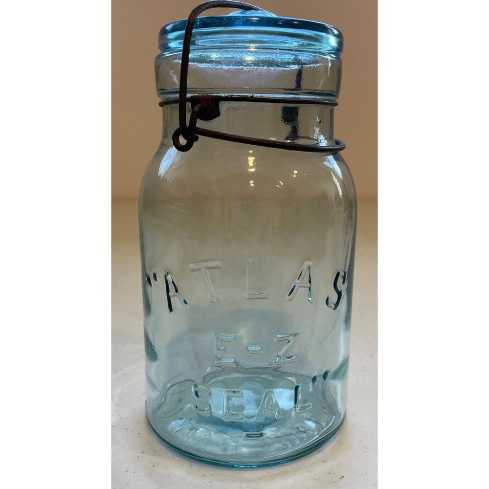 Vintage Atlas E-Z Seal Blue Glass Quart Mason Jar Wire Bail Lid Retro Aqua 7"